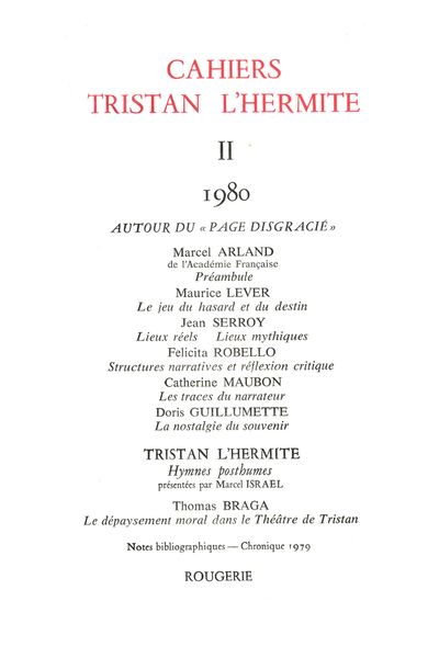 Cahiers Tristan L’Hermite. 1980, II. varia - [Sommaire]