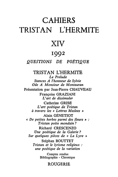Cahiers Tristan L’Hermite. 1992, n° 14. varia - Une poétique de la Galerie ?