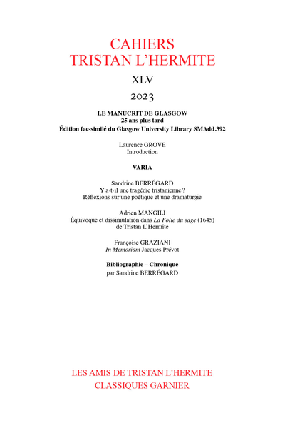 Cahiers Tristan L'Hermite. 2023, n° XLV. varia - Édition fac-similé du Glasgow University Library SMAdd.392