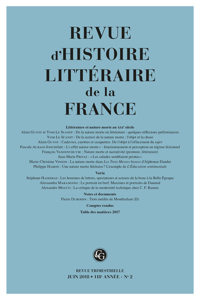 Revue d’Histoire littéraire de la France. 2 – 2018, 118e année, n° 2. varia - L’« effet nature morte » : fonctionnement et perception en régime fictionnel