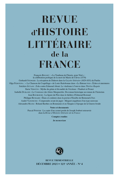 Revue d'Histoire littéraire de la France. 4 – 2021, 121e année, n° 4. varia - Comptes rendus