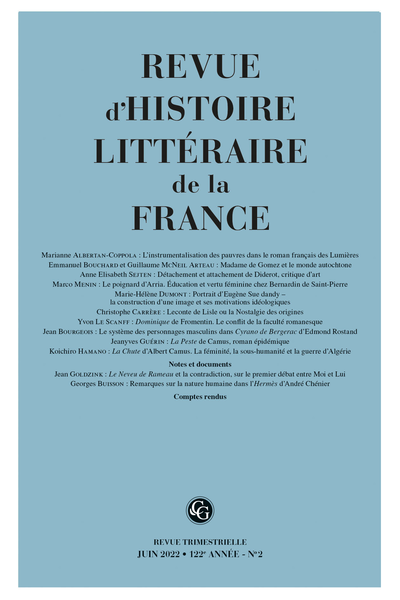 Revue d'Histoire littéraire de la France. 2 – 2022, 122e année, n° 2. varia - La Peste de Camus, roman épidémique