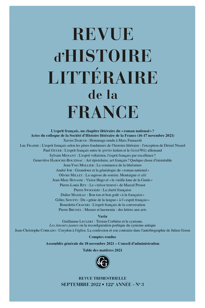 Revue d'Histoire littéraire de la France. 3 – 2022, 122e année, n° 3. varia - Hommage rendu à Marc Fumaroli
