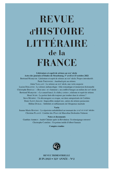 Revue d'Histoire littéraire de la France. 2 – 2023, 123e année, n° 2. varia