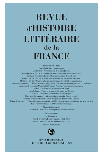 Revue d'Histoire littéraire de la France. 3 – 2023, 123e année, n° 3. Proust en son temps - Contents