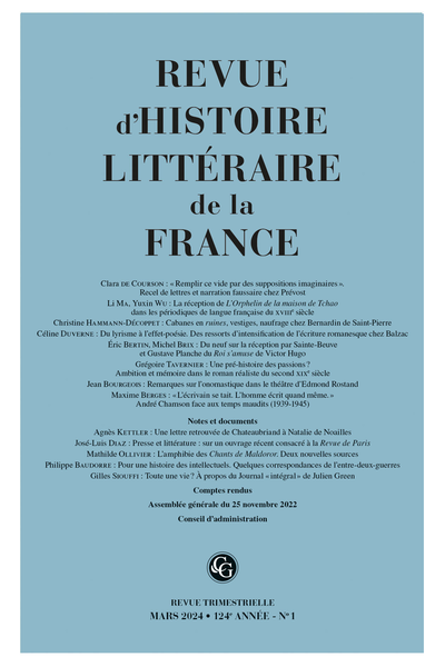 Revue d'Histoire littéraire de la France. 1 – 2024, 124e année, n° 1. varia - General Assembly, November 25, 2022